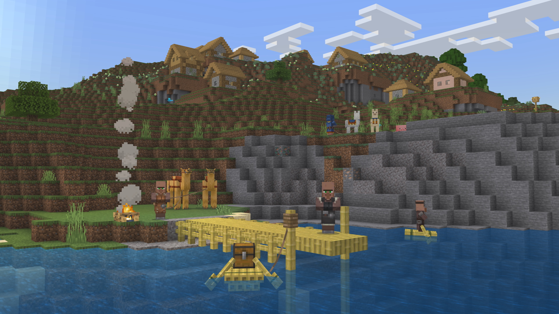 A Minecraft screenshot showing a bamboo raft, villagers, and camels, with a village on a hill in the background.