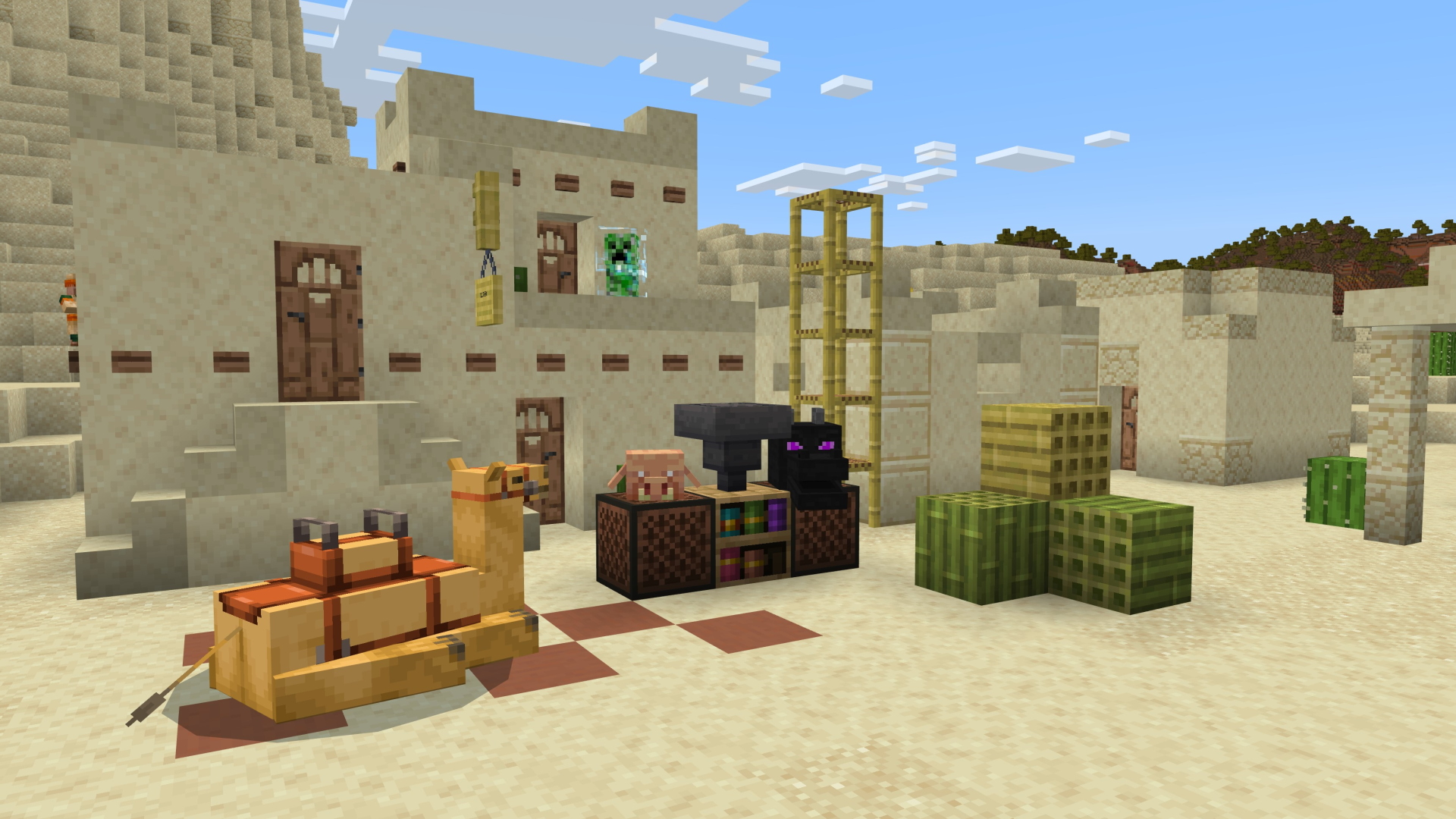 A Minecraft screenshot, featuring some of the things in the 1.19.60 Previews, such as the piglin head on a note block.
