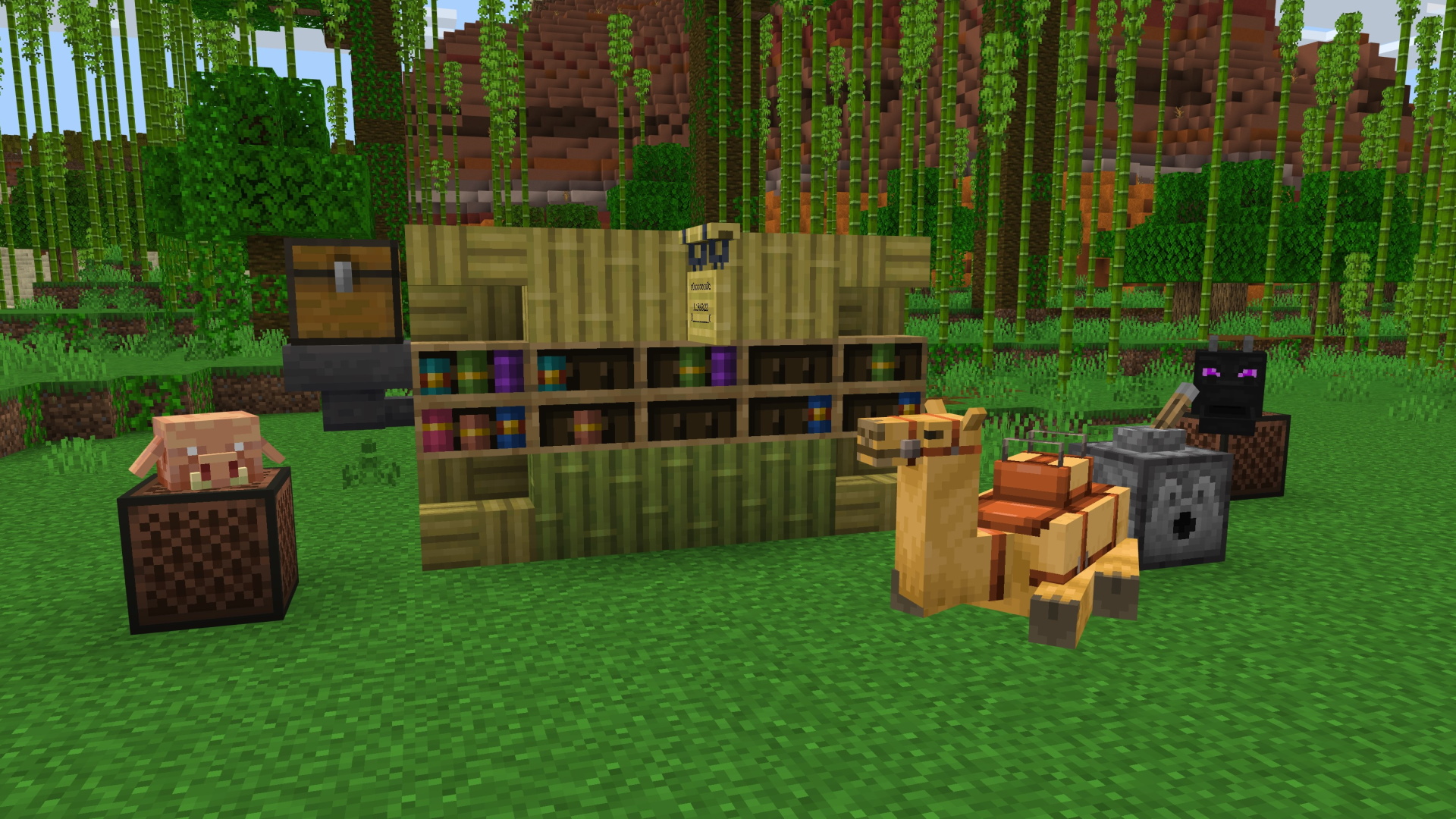A Minecraft screenshot featuring chiseled bookshelves, a saddled camel, and mob heads on note blocks.