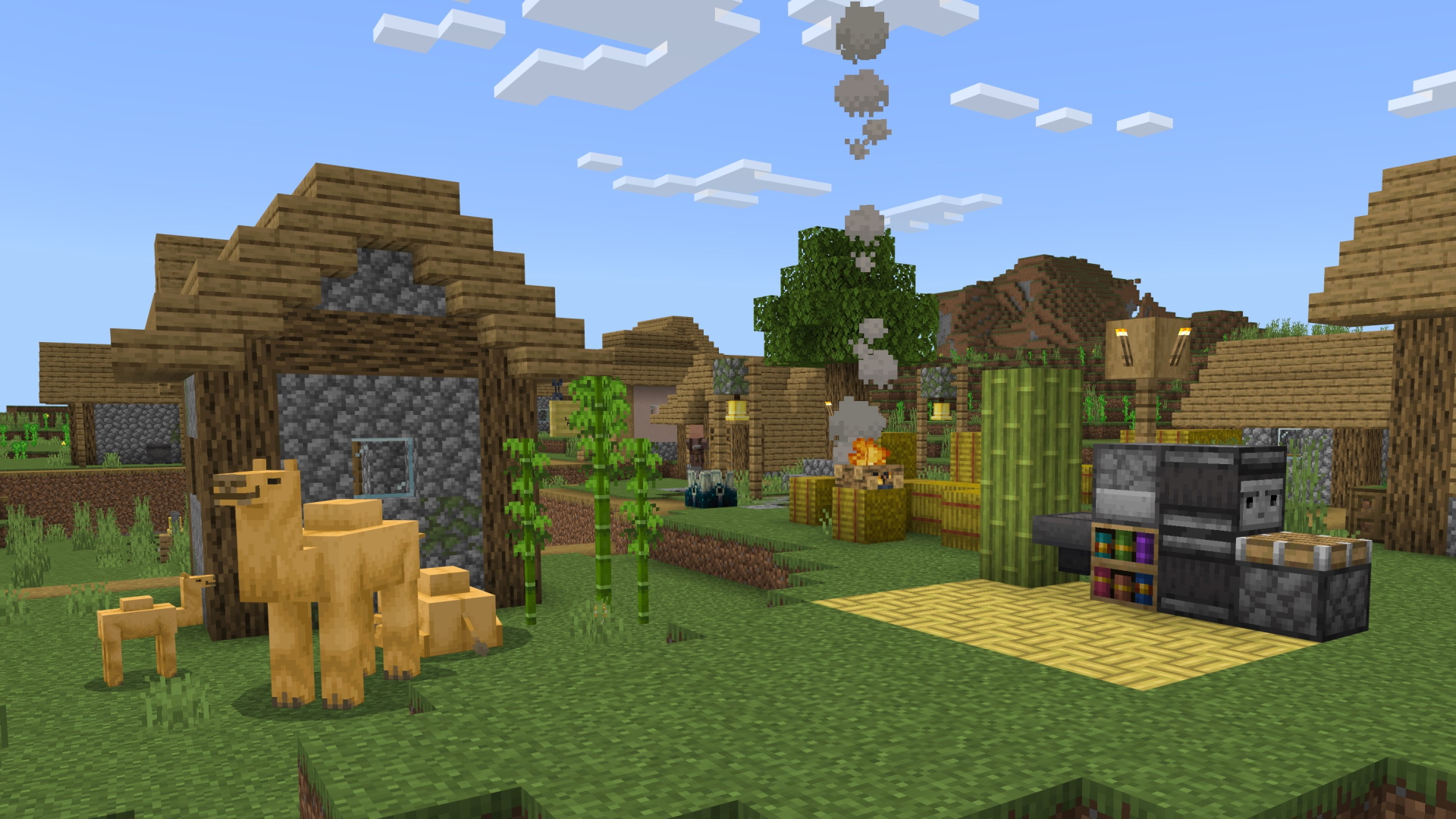 A Minecraft screenshot featuring chiseled bookshelves and camels.