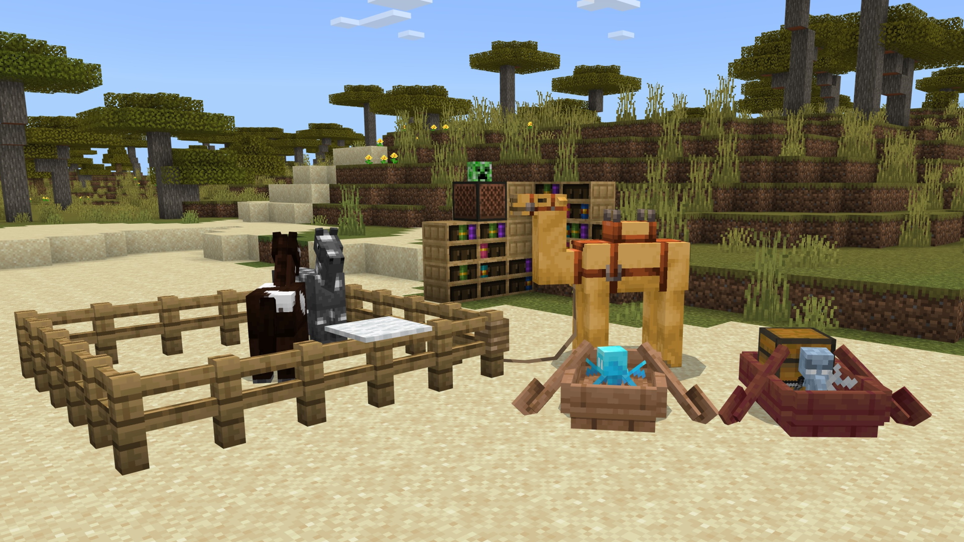 A Minecraft screenshot featuring horses in a fenced area, a leashed camel, and a vex and an allay in boats.