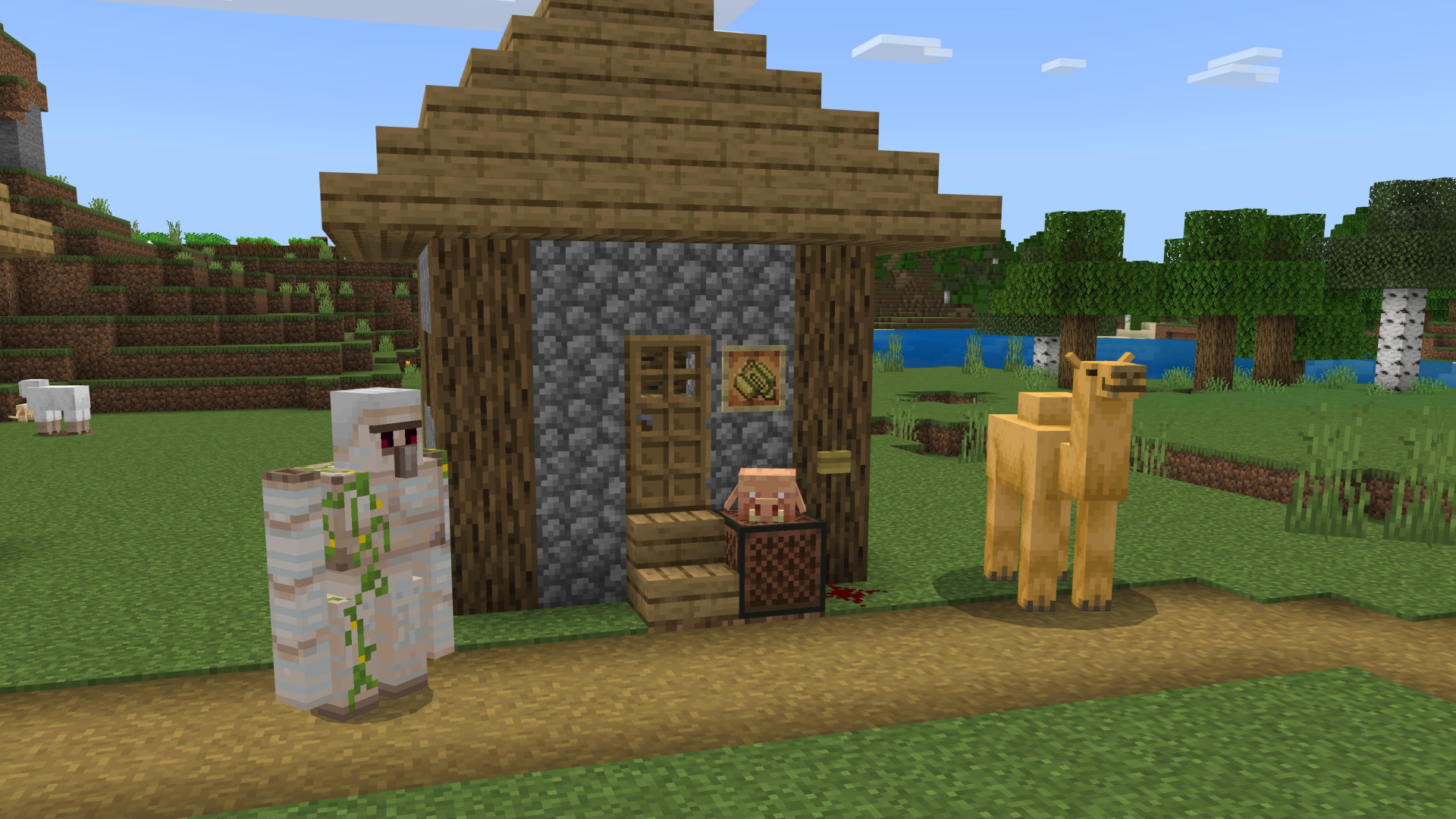 A Minecraft screenshot of a village with an iron golem, a camel, and a piglin head on a noteblock.