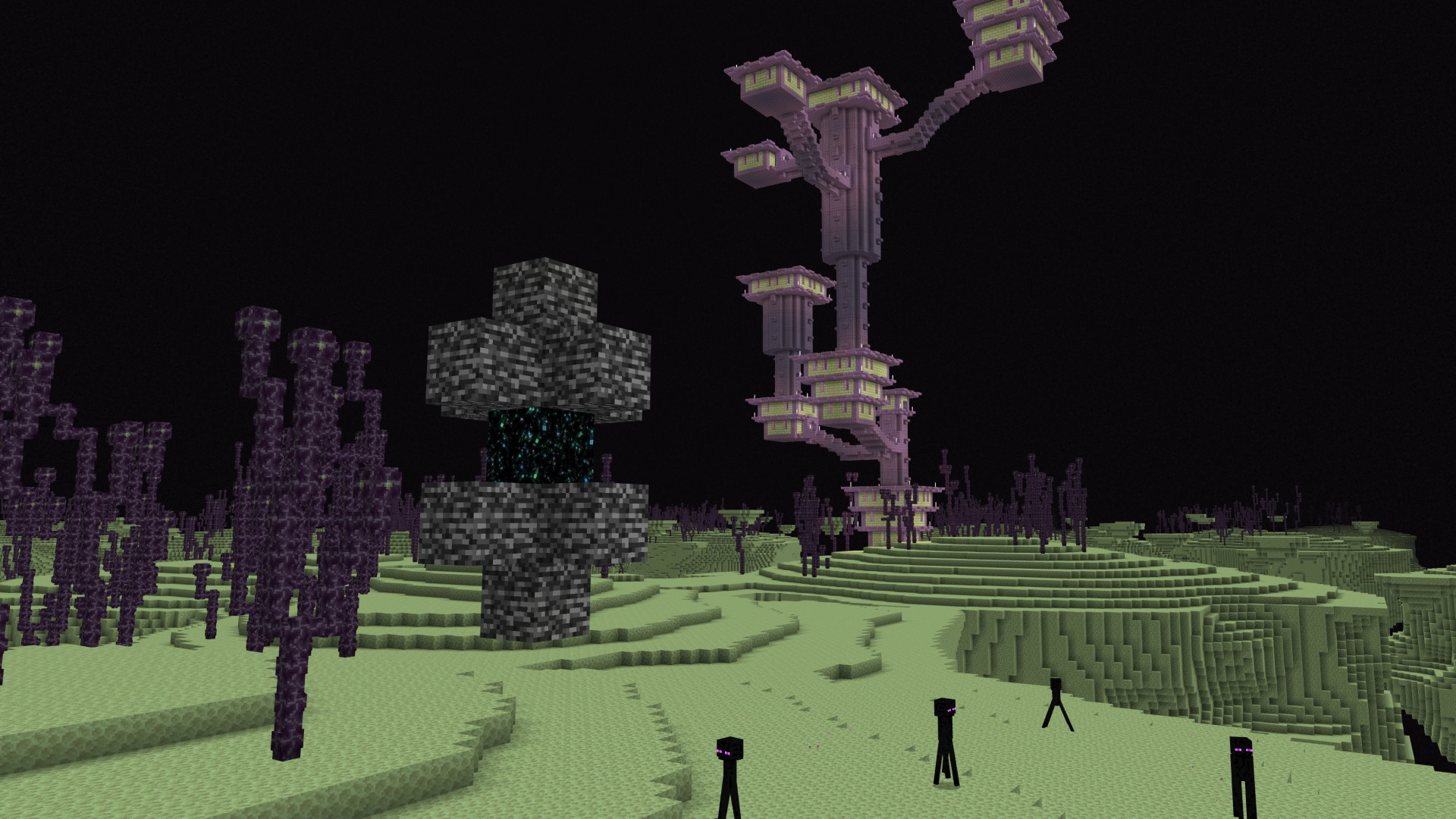 A Minecraft screenshot of an end gateway in the end dimension. There is an end city in the background, and several endermen scattered about.