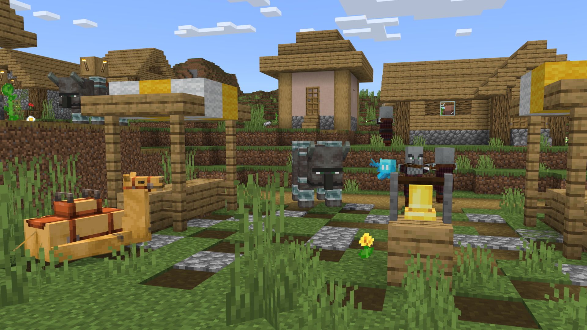 A Minecraft screenshot of a village being raided. There is a camel sat on the left.