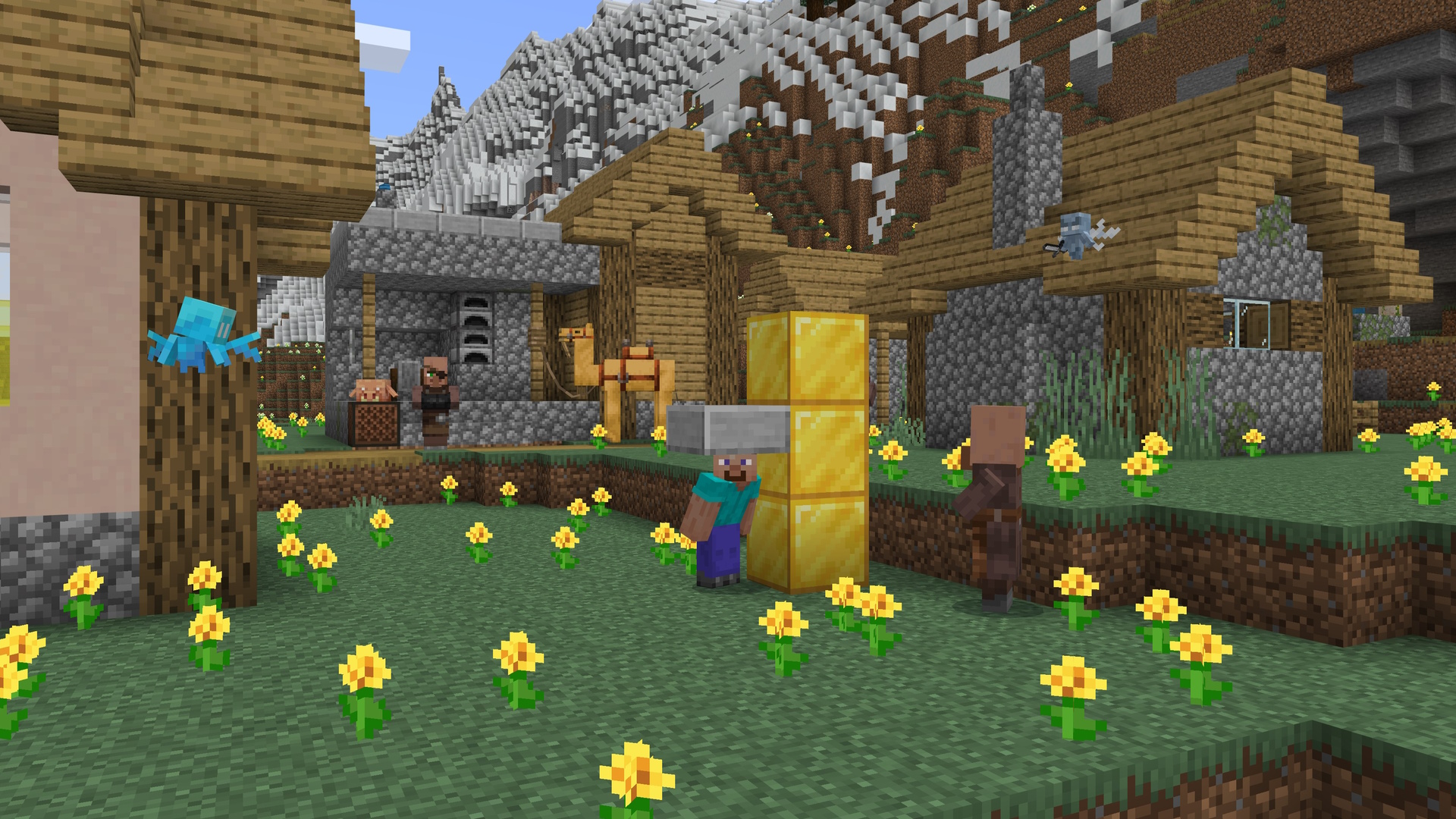 A Minecraft screenshot of a village, featuring a player in a Steve skin sneaking in a 1.5 block space.
