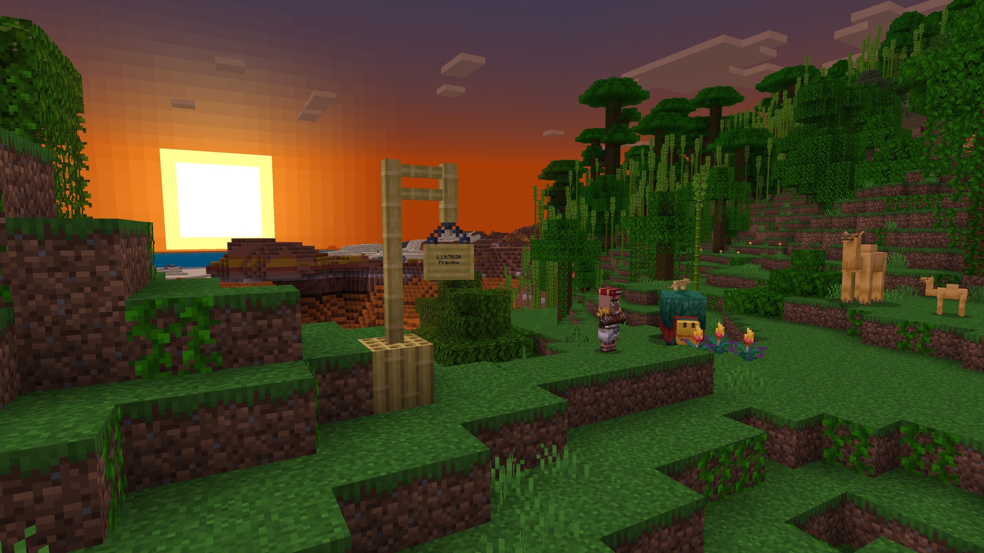 A Minecraft screenshot of the sun going down, with a sniffer, a villager, and camels in the scene.
