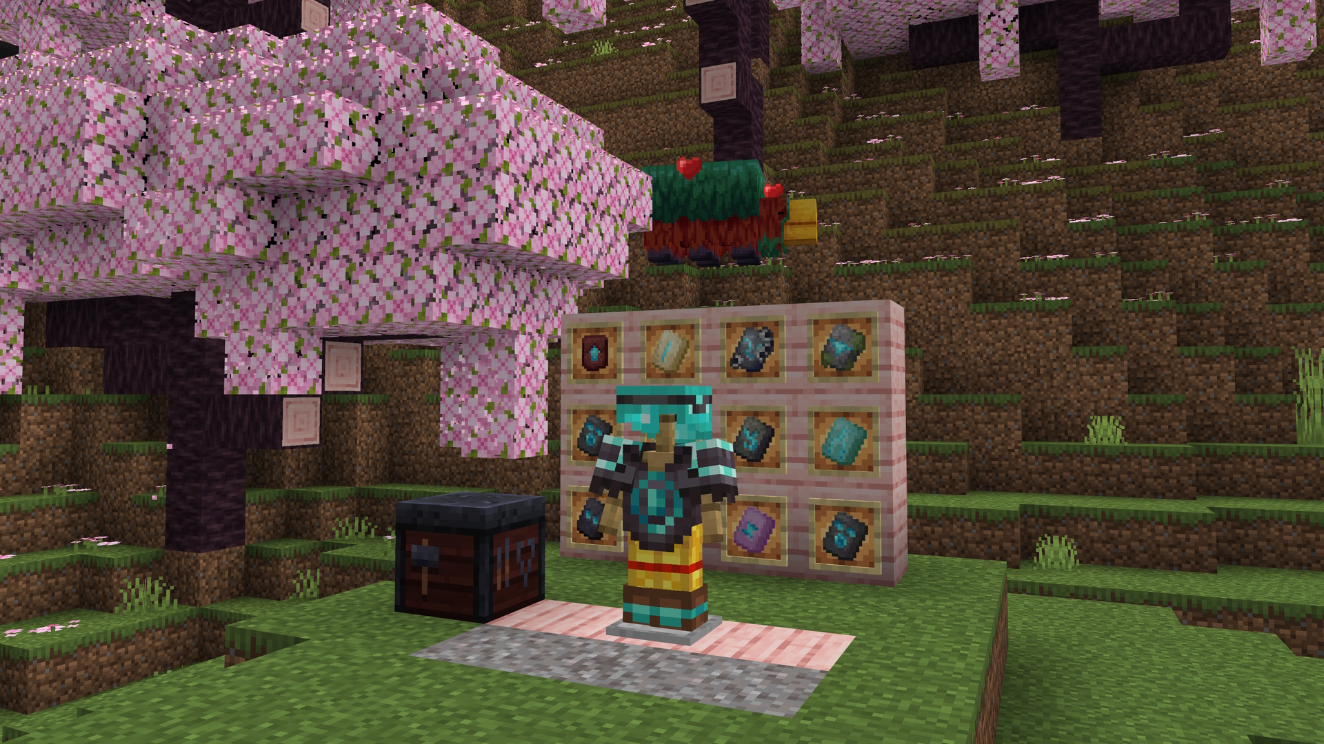 A Minecraft screenshot featuring an armor stand with armor trims. The scene is set in a cherry grove with a sniffer in the background.