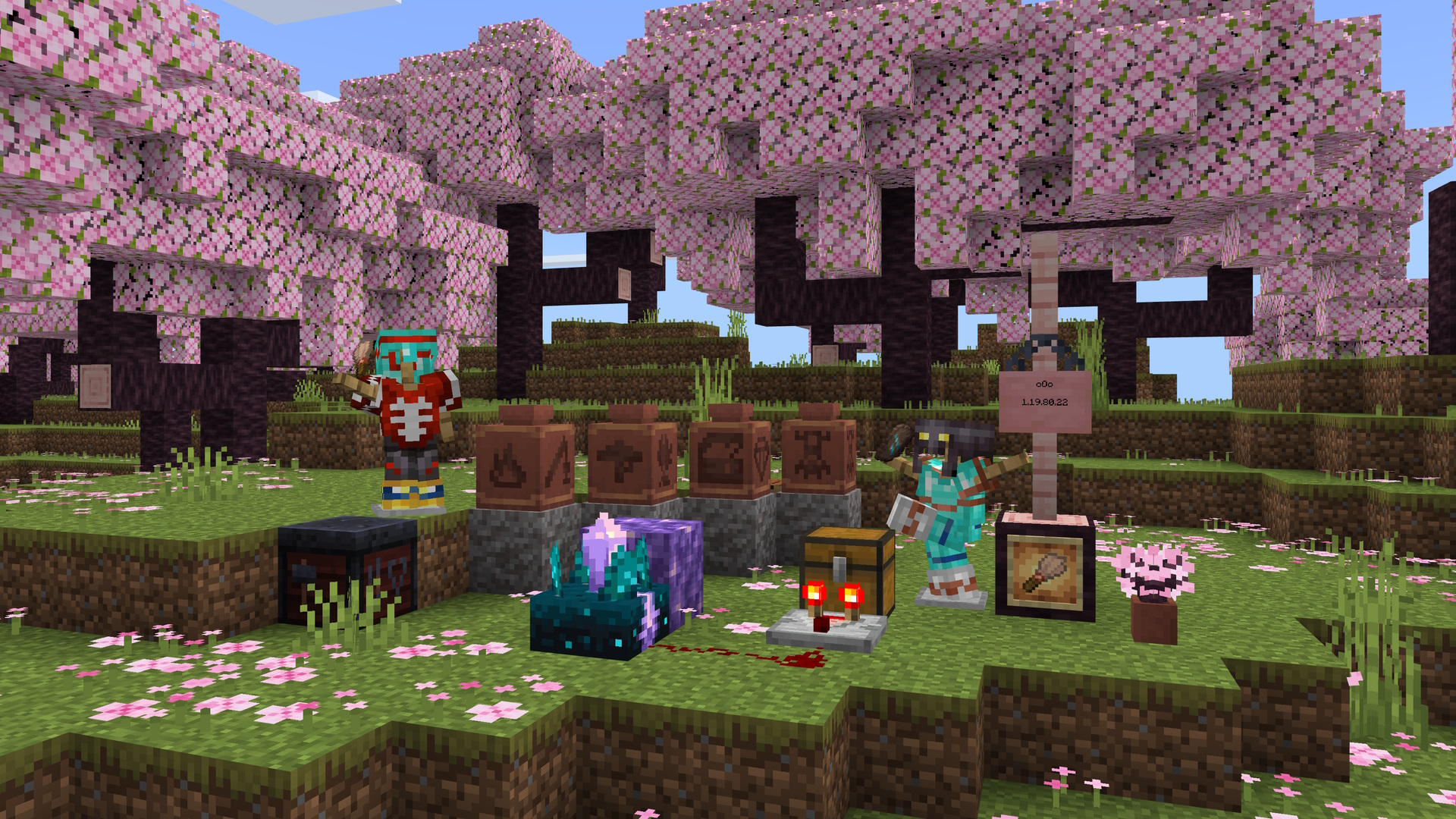A Minecraft screenshot featuring cherry trees, a calibrated sculk sensor, decorated pots and armour trims.