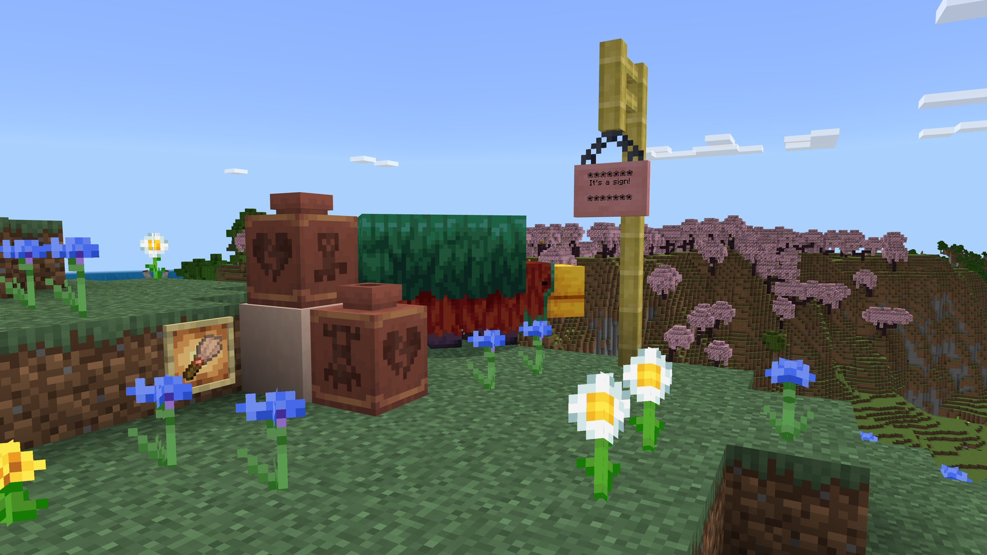 A Minecraft screenshot featuring a hanging sign, decorated pots, a sniffer mob, and cherry trees in the background.