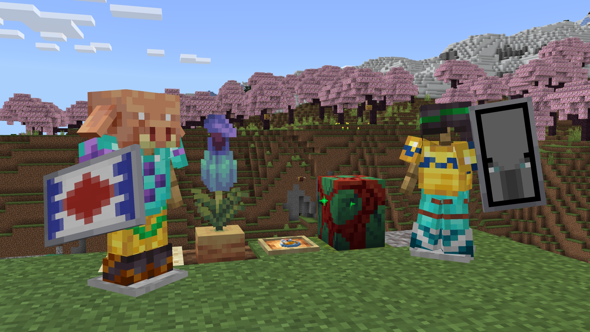 A Minecraft screenshot featuring armor stands holding shields wit banner patterns applied, and wearing trimmed armor. There is also a sniffer egg and a pitcher plant in the scene, and a cherry grove biome in the background.