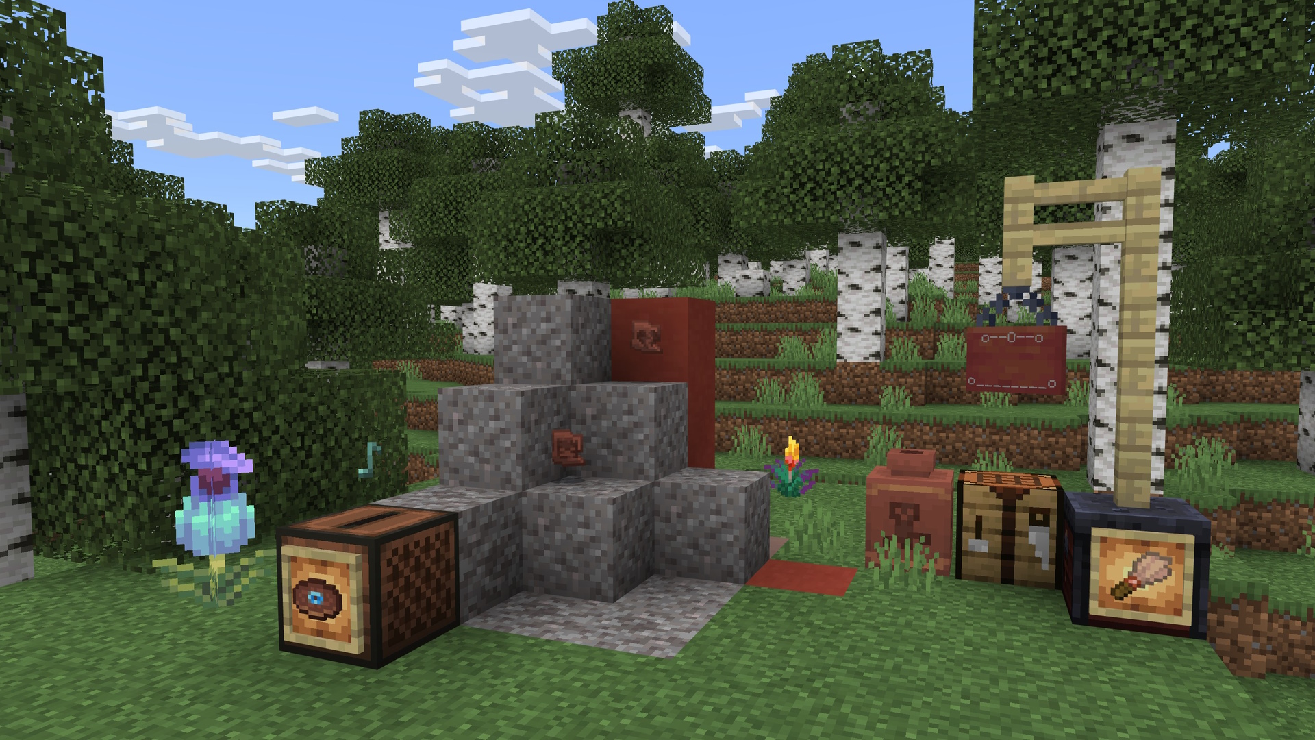A Minecraft screenshot of a buried trail ruins site, with various archaeology items around.