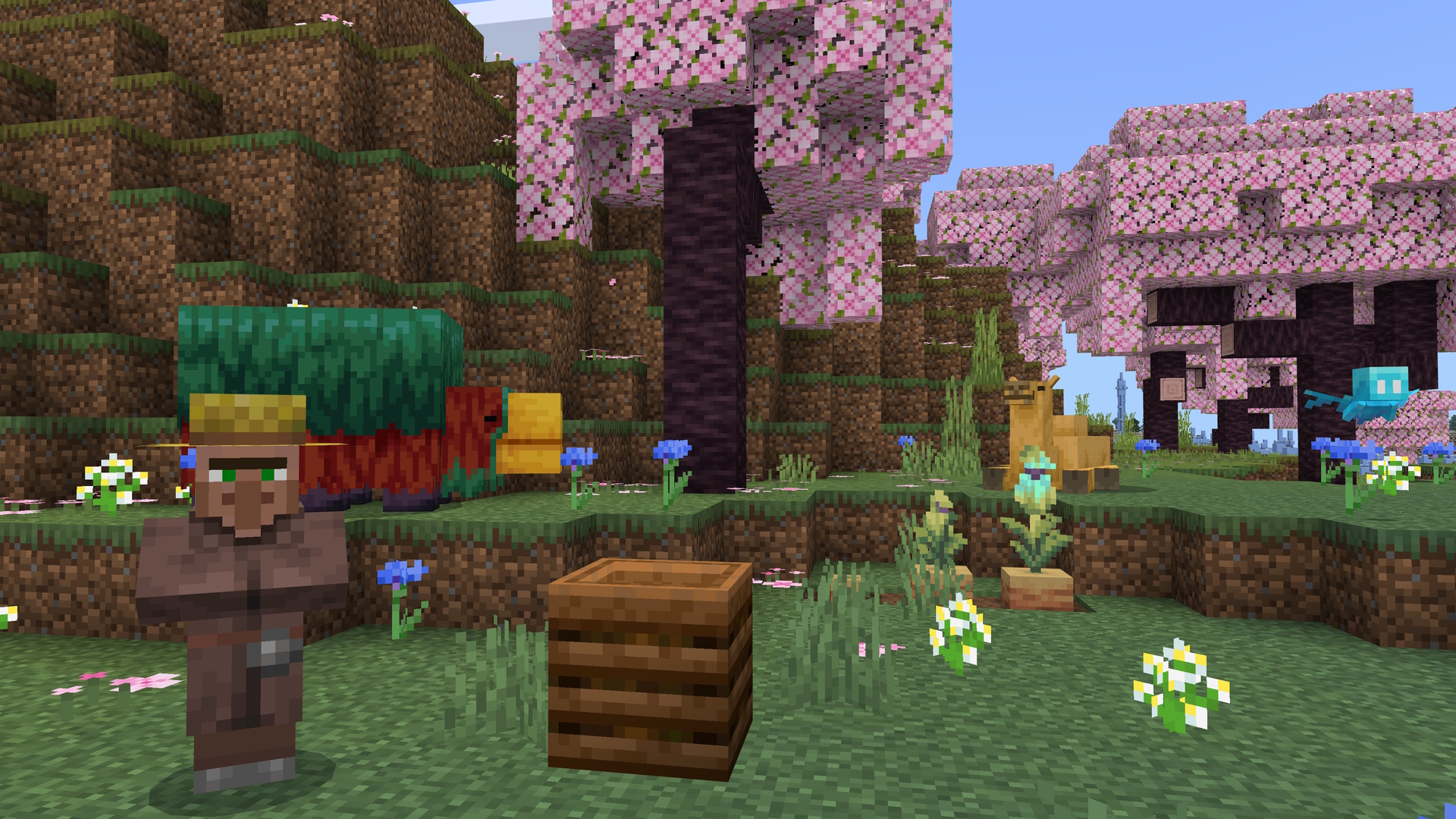 لقطة شاشة من Minecraft تظهر قرويًا ، وبنًا ، وجملًا ، وتسكينًا. هؤلاء يقفون على حافة بستان كرز.