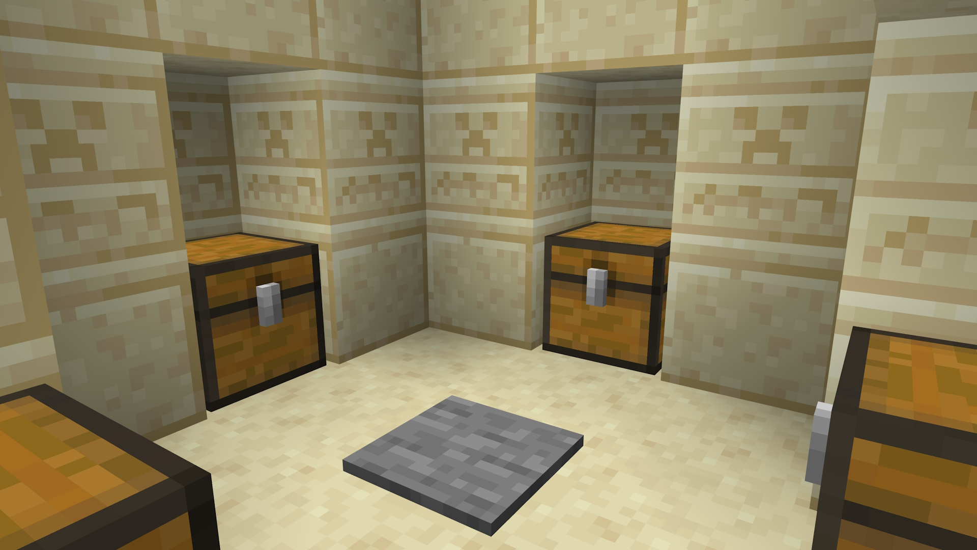 A desert pyramid in Minecraft. Four chests in a small room with a pressure plate in the centre.