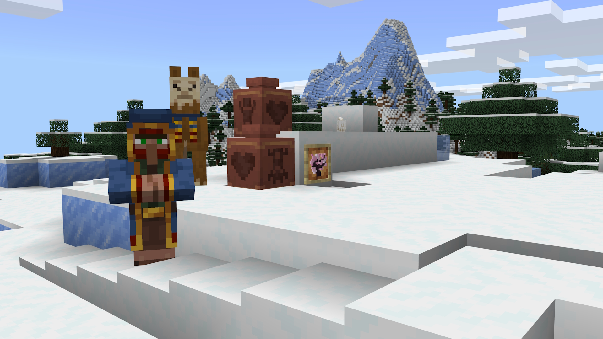 A Minecraft screenshot featuring a wandering trader and llamas, and a baby goat. The trader is standing on some stacked snow layers, and there are some decorated posts and a cherry sapling in an item frame in the scene.