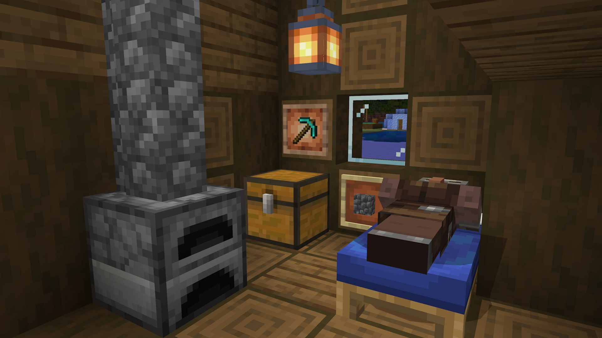 A Minecraft screenshot of a villager sleeping in a bed, in a room with a furnace and a chest. There is a pickaxe and a block of cobble deepslate placed in item frames.