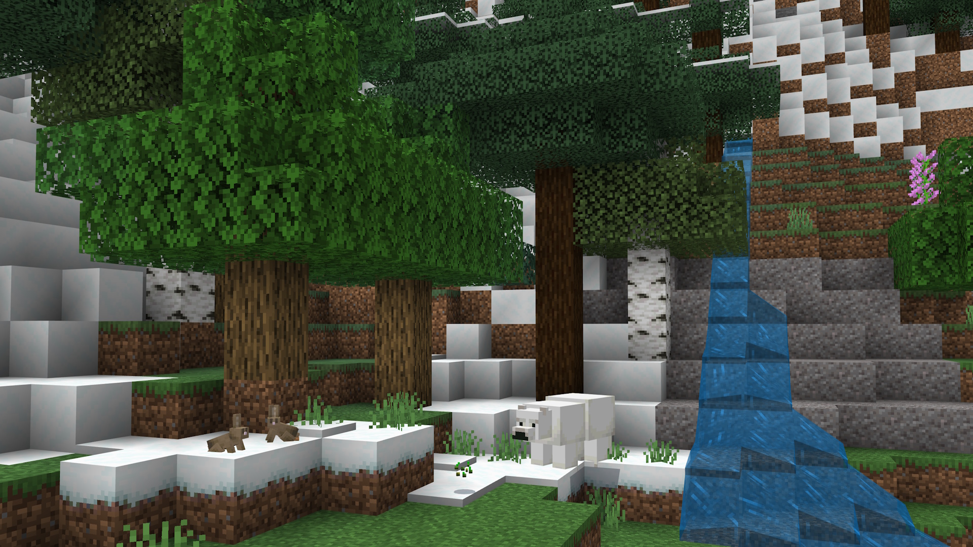 A Minecraft screenshot of some rabbits and a polar bear standing on some snow layers, with trees and a waterfall nearby.