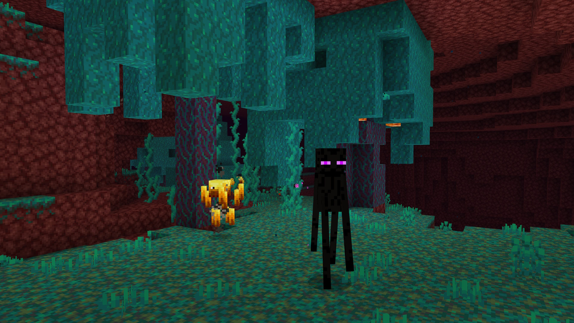 A blaze and an enderman standing in a warped forest in the nether dimension.