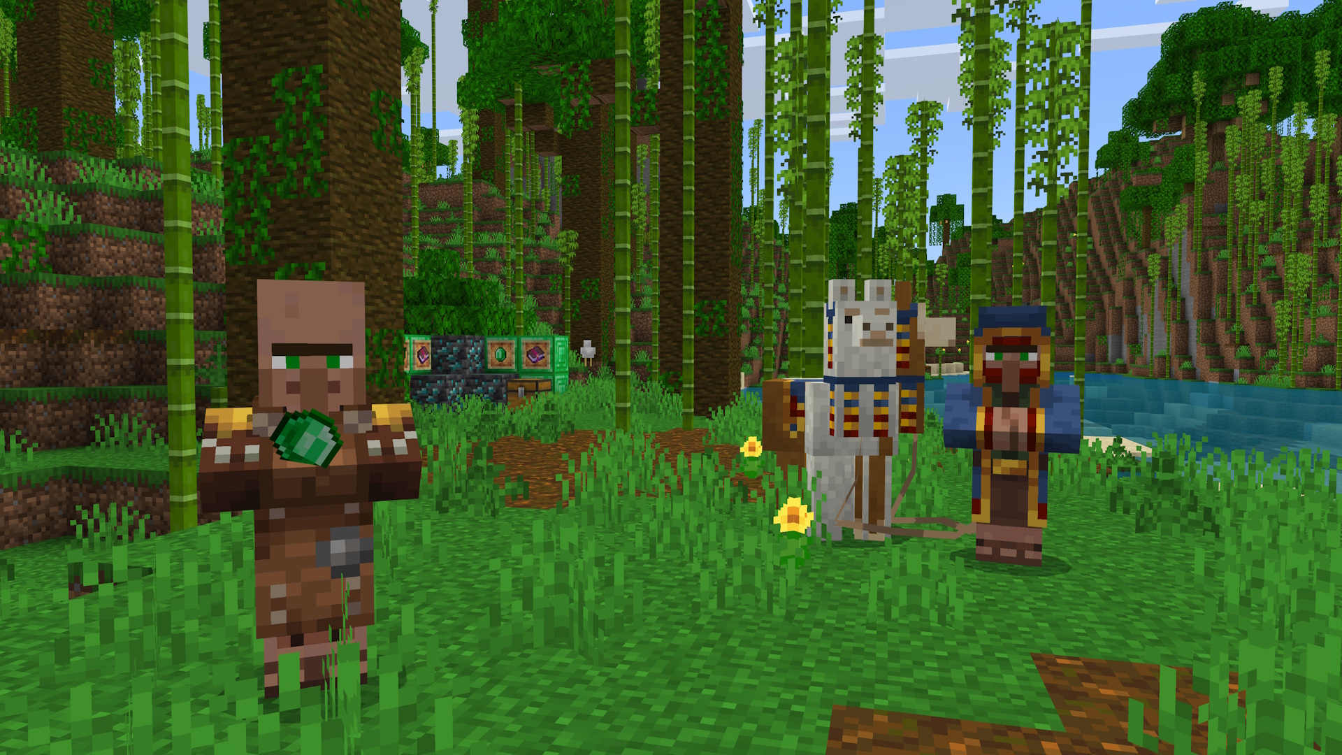 A Minecraft screenshot featuring a villager holding an emerald and a wandering trader with llamas in tow. They are in a Jungle biome near a river. There are some player placed blocks in the background with a chest and item frames.