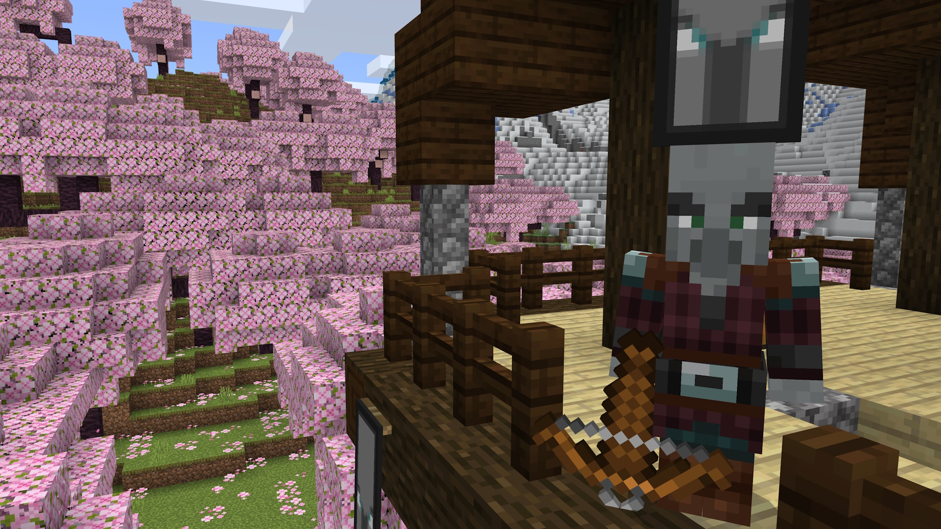 A pillager standing in a pillager outpost in a Cherry Grove biome, in Minecraft