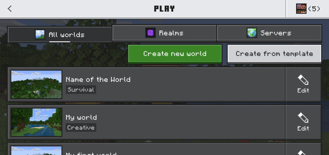 Uma captura de tela das telas do Play atualizadas no Minecraft