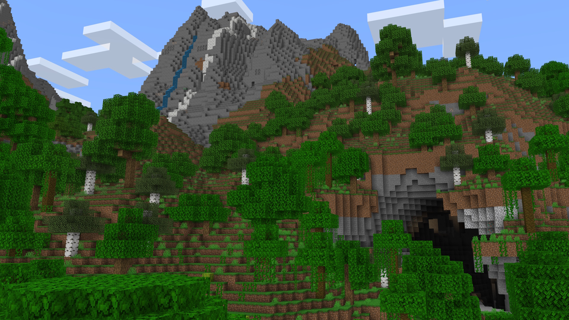 A Minecraft screenshot of a mountain with trees and a cave.
