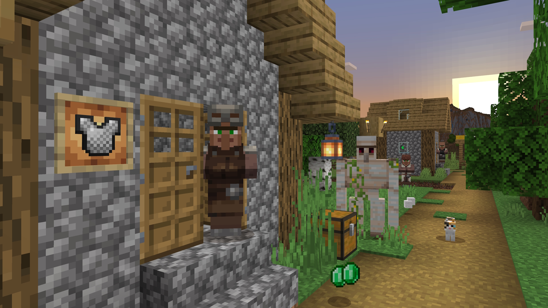 An armorer villager standing in a doorway. Also seen in the village are other villagers, an iron golem, and a cat. There are dropped emeralds on the floor near a chest.