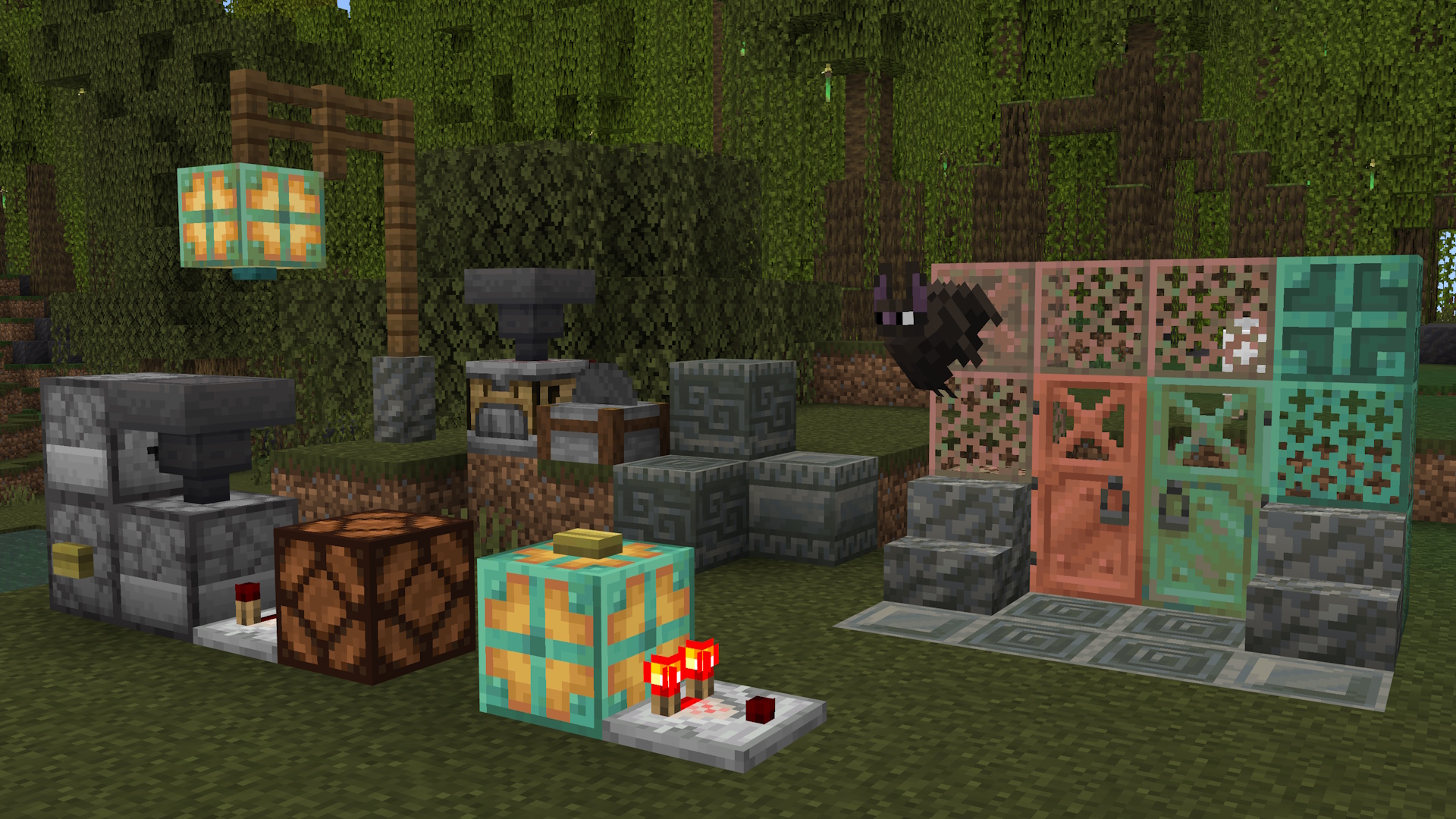 The new copper and tuff blocks in the Minecraft Preview. There are some redstone builds in the scene, and a bat in the foreground sporting a new look