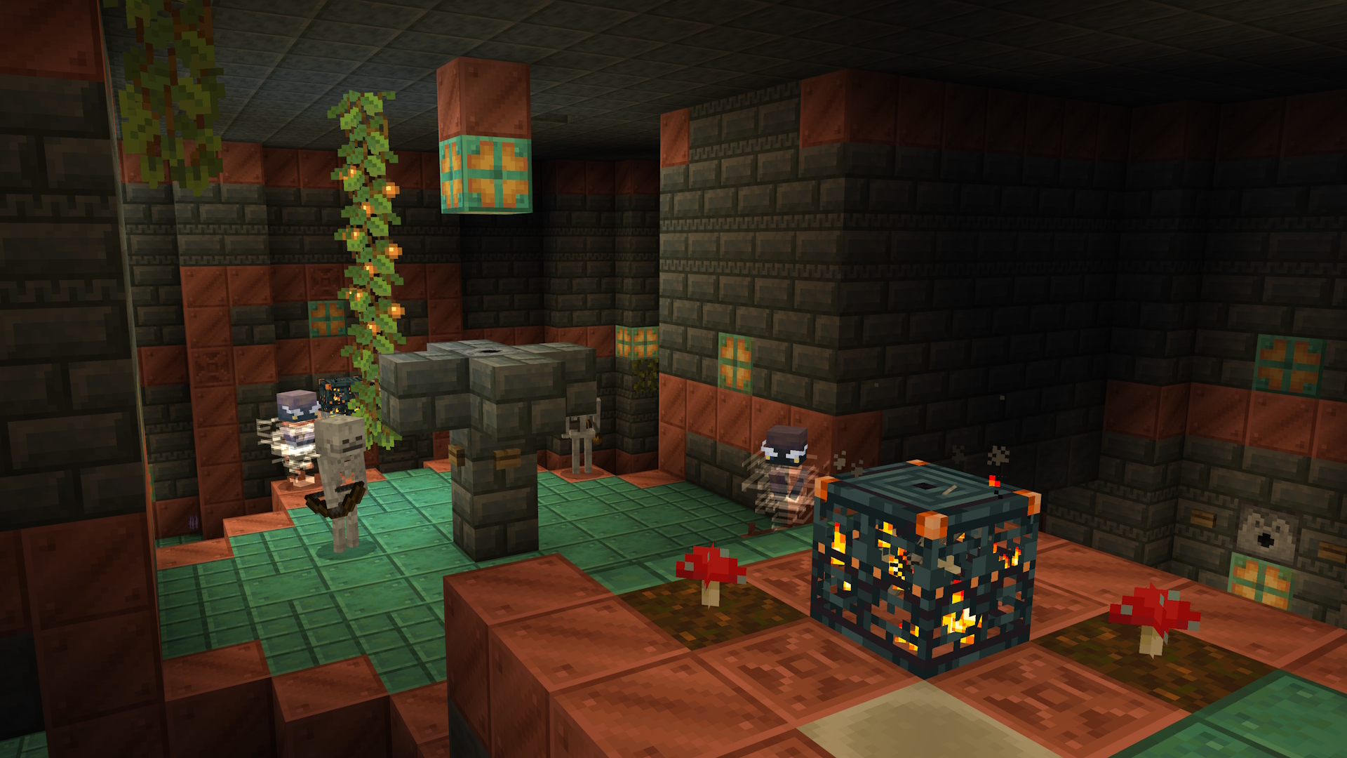 A darkened Trial Chamber with Breeze mobs and Skeletons around the Trial Spawners