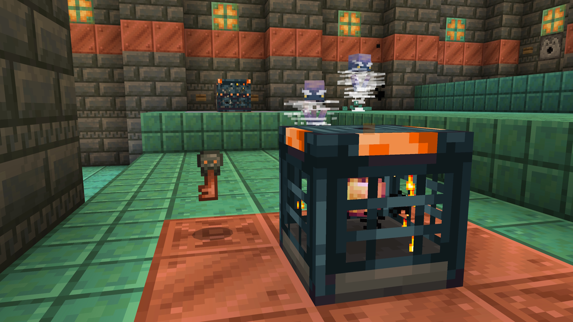 A Minecraft scene of a trial chamber. There is a vault block in the front, with a trial key beside it. In the background are two breeze mobs.