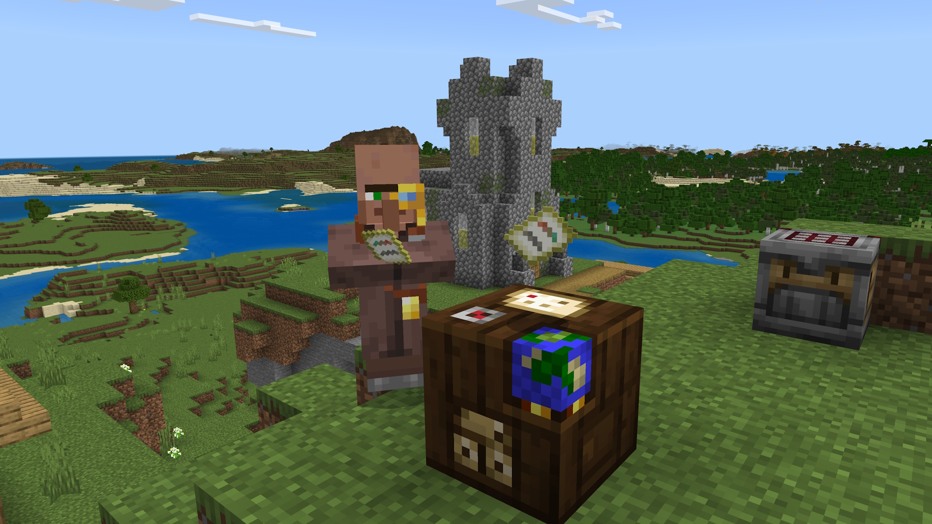 A Minecraft cartographer villager is standing next to a cartography table in a village, holding a trial chamber map.