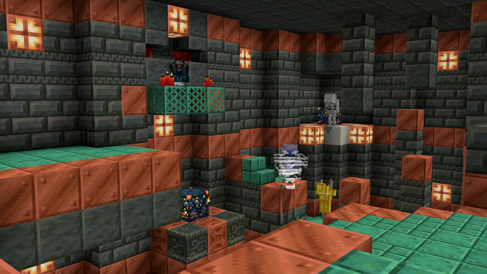 A Minecraft trial chamber with hostile mobs.