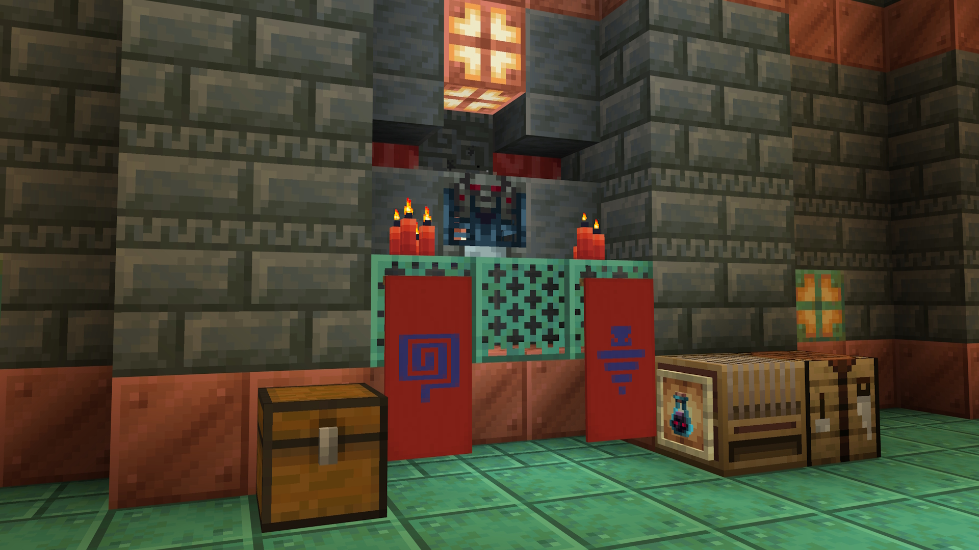 A Minecraft trial chamber, with banners and a trial spawner