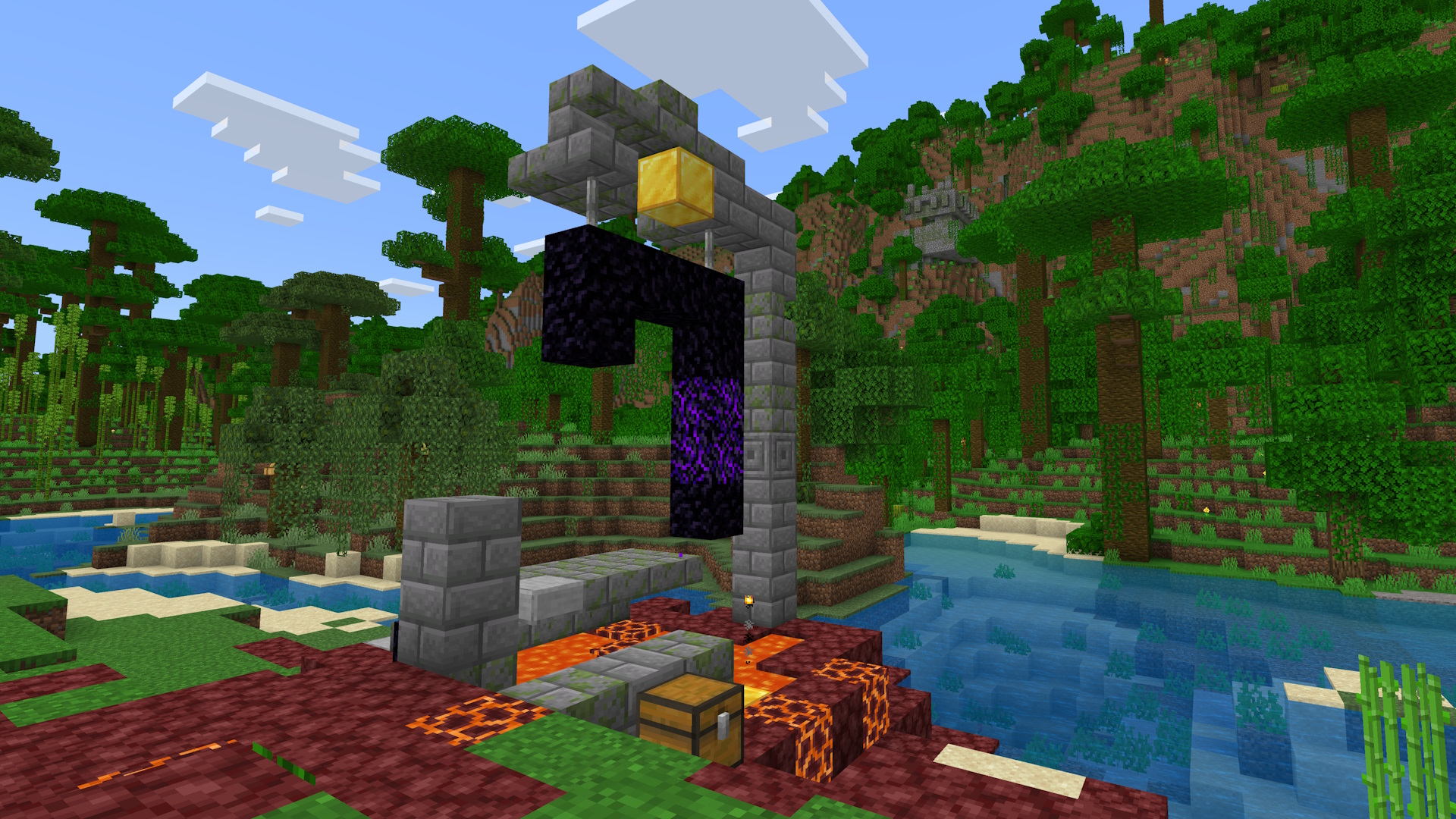 A portal ruins on the edge of a jungle biome, with a jungle temple up on the hill