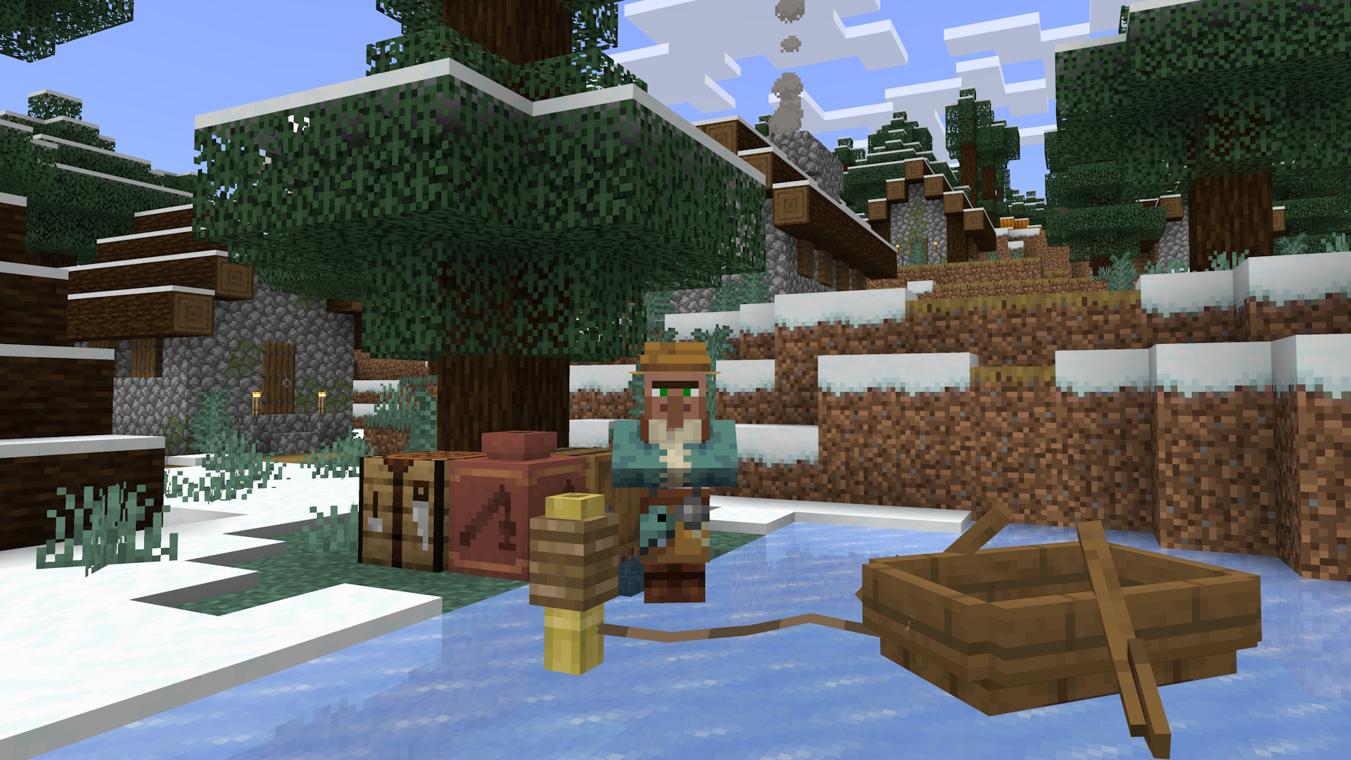 A villager standing near a decorated pot made with fishing sherds, and there is a leashed spruce boat on an icy lake. There is a village in the background.