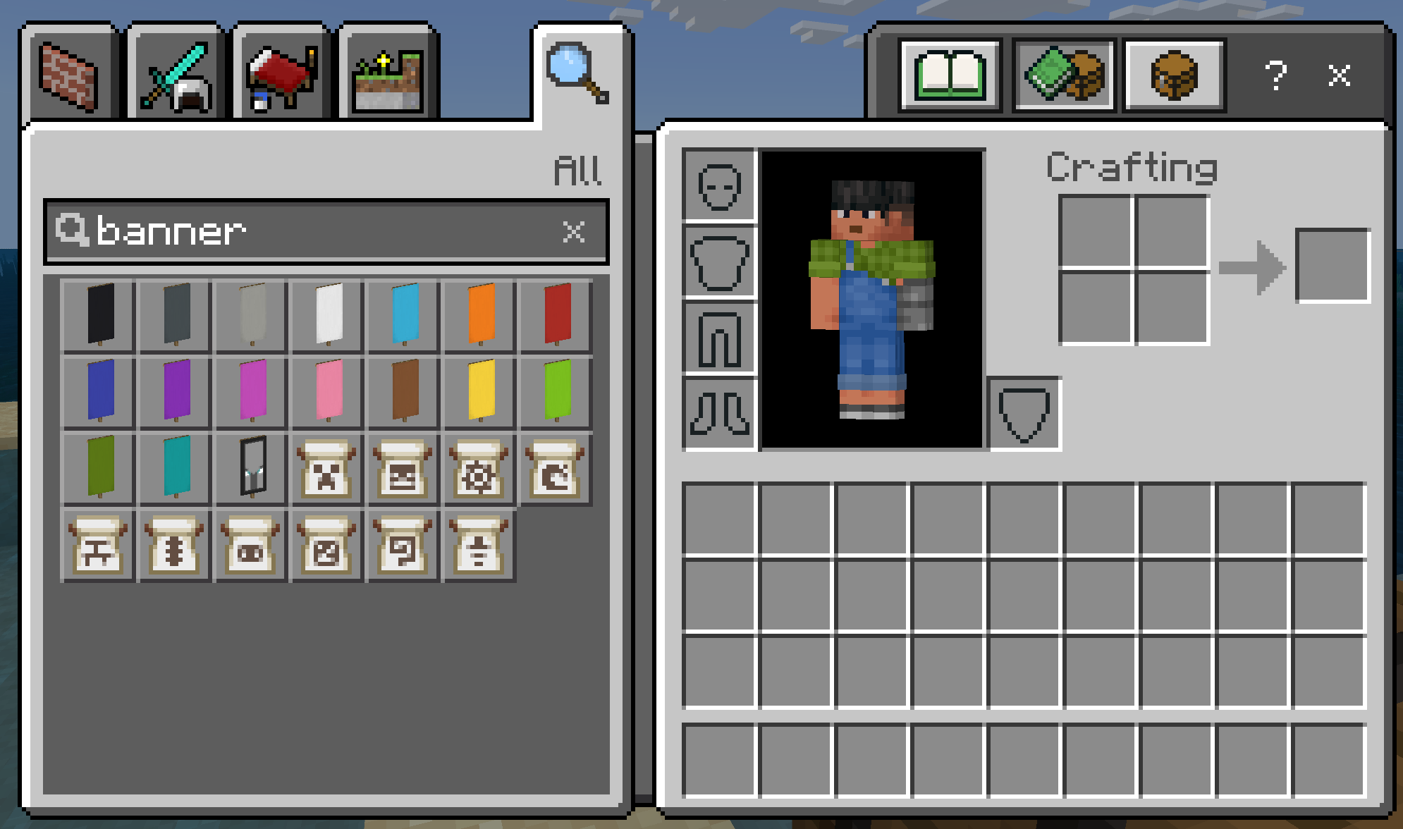The Minecraft creative inventory, showing a search for banner. The updated banner pattern pattern items can be seen.
