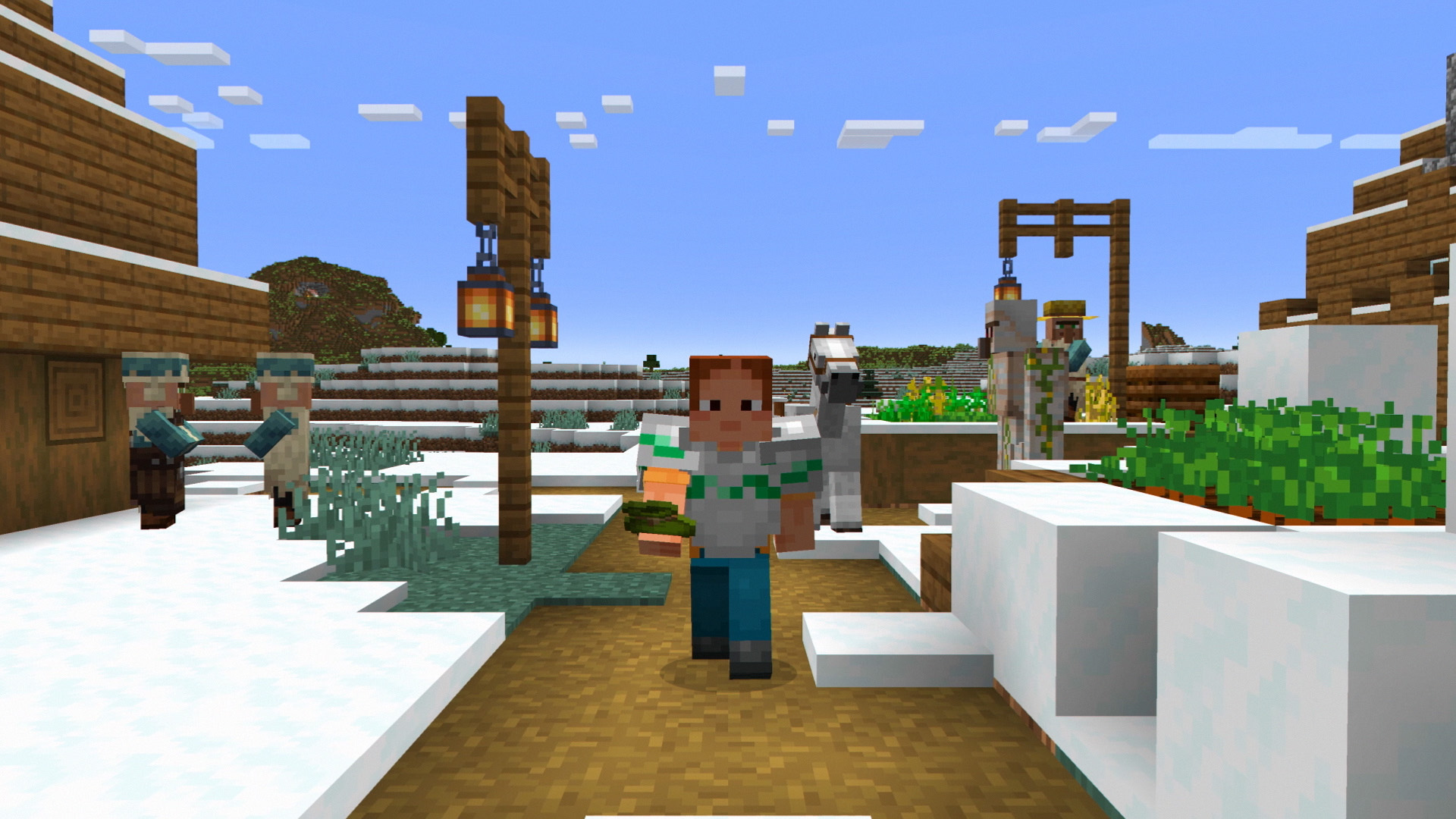 Ari is walking through a snowy village holding a bundle, and wearing an iron chest plate with armour trims