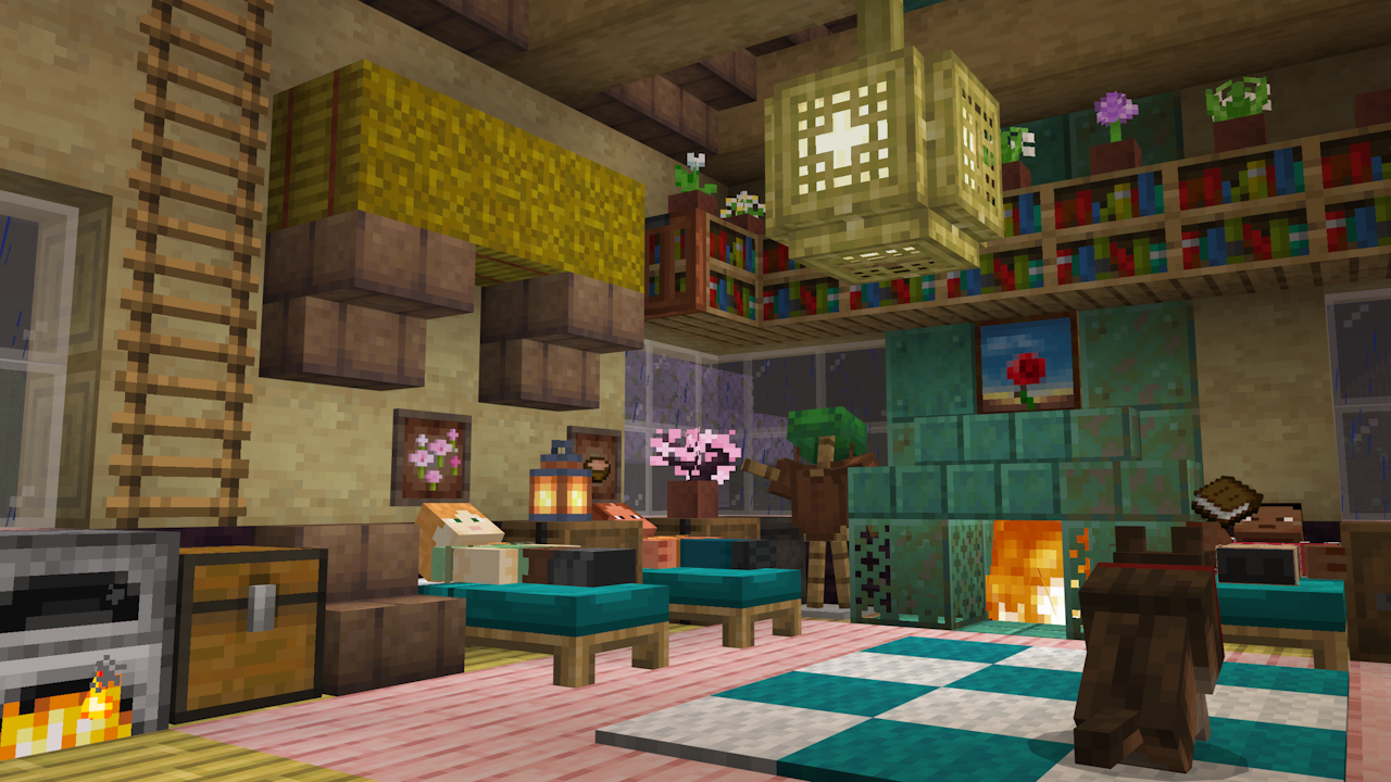 Players sleeping in a decorated Minecraft house