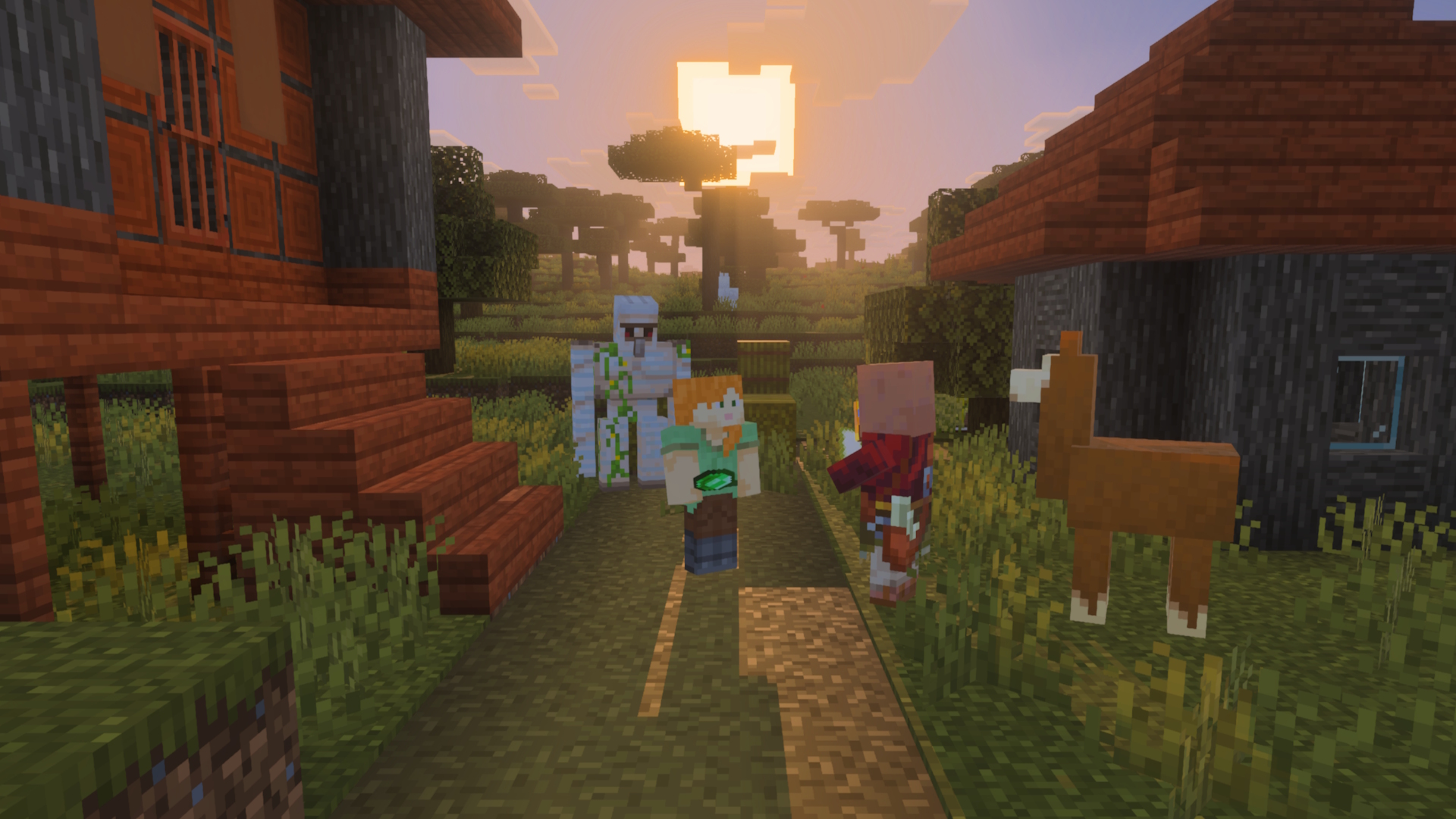 Alex standing in a village holding an emerald. There is a Villager nearby, as well as a Llama and an Iron Golem. The sun is rising in the background.
