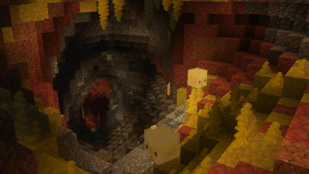 Sulfur cubes in a cave, with sulfur spikes