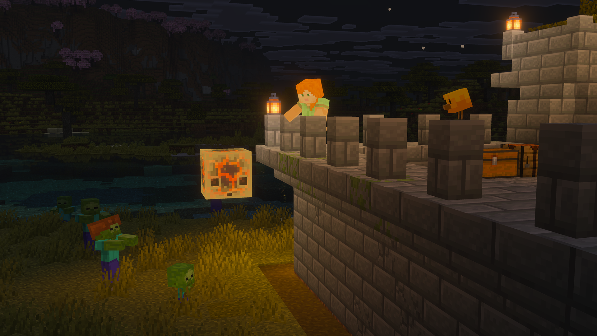 Alex is dropping a sulfur cube with a magma block onto some hostile mobs.png