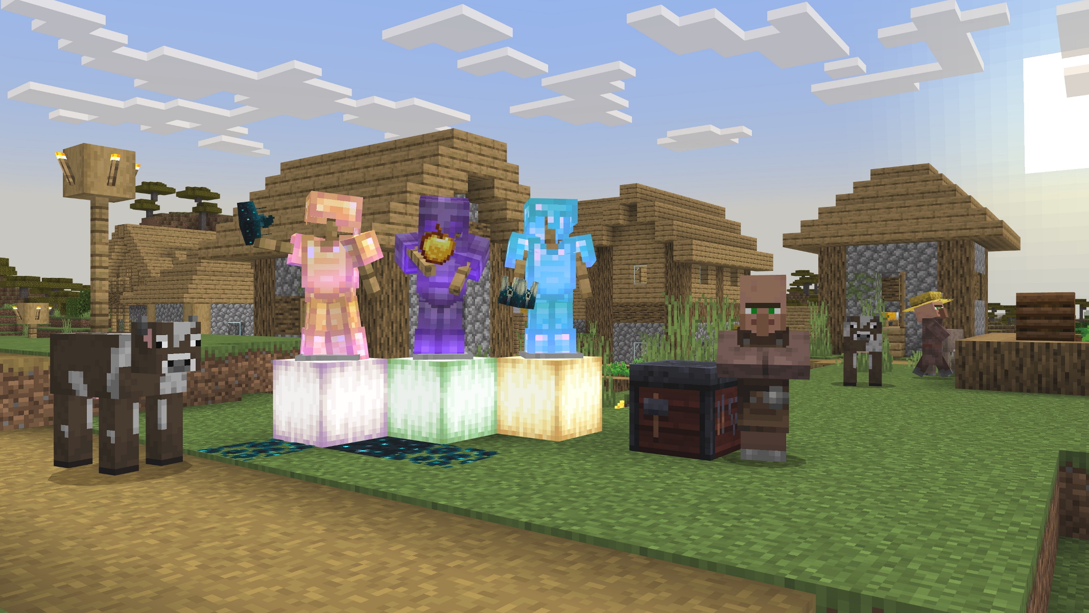 A Minecraft Village scene with armour stands