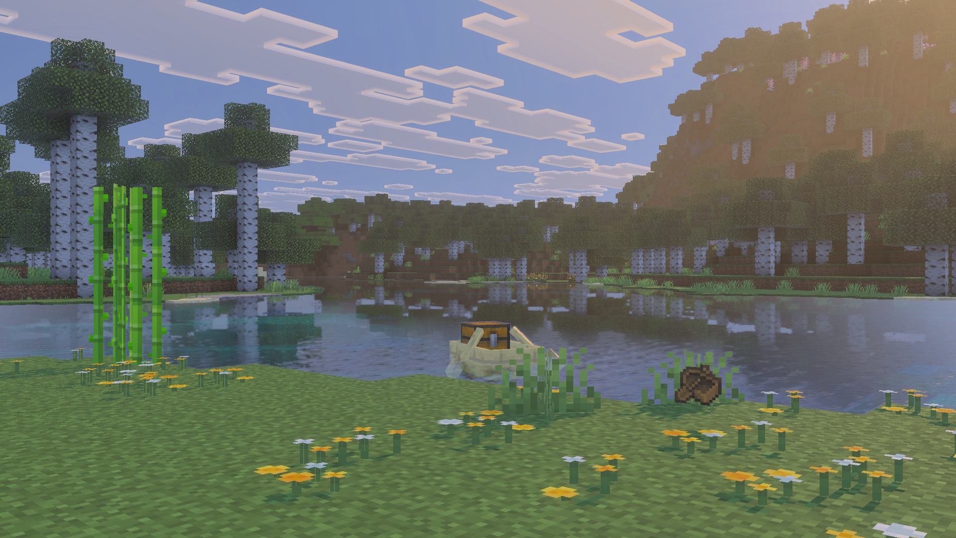 Minecraft boats near some water, in a birch forest