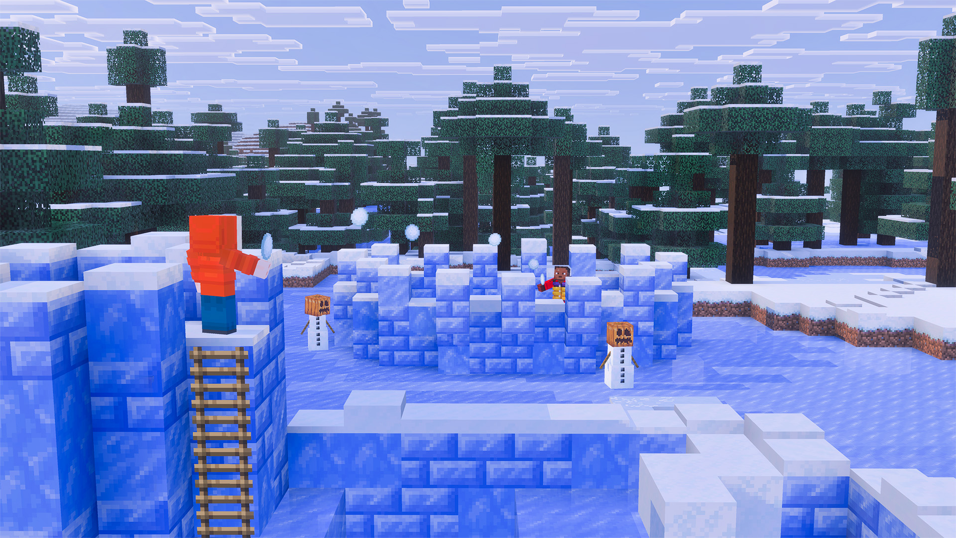 An Icy Minecraft scene featuring players throwing snow balls from a structure made with packed ice bricks