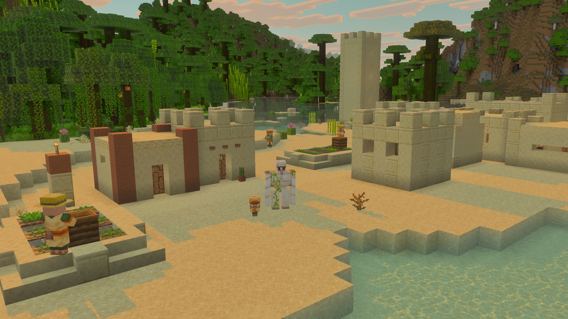 A desert village in Minecraft with a jungle in the background.