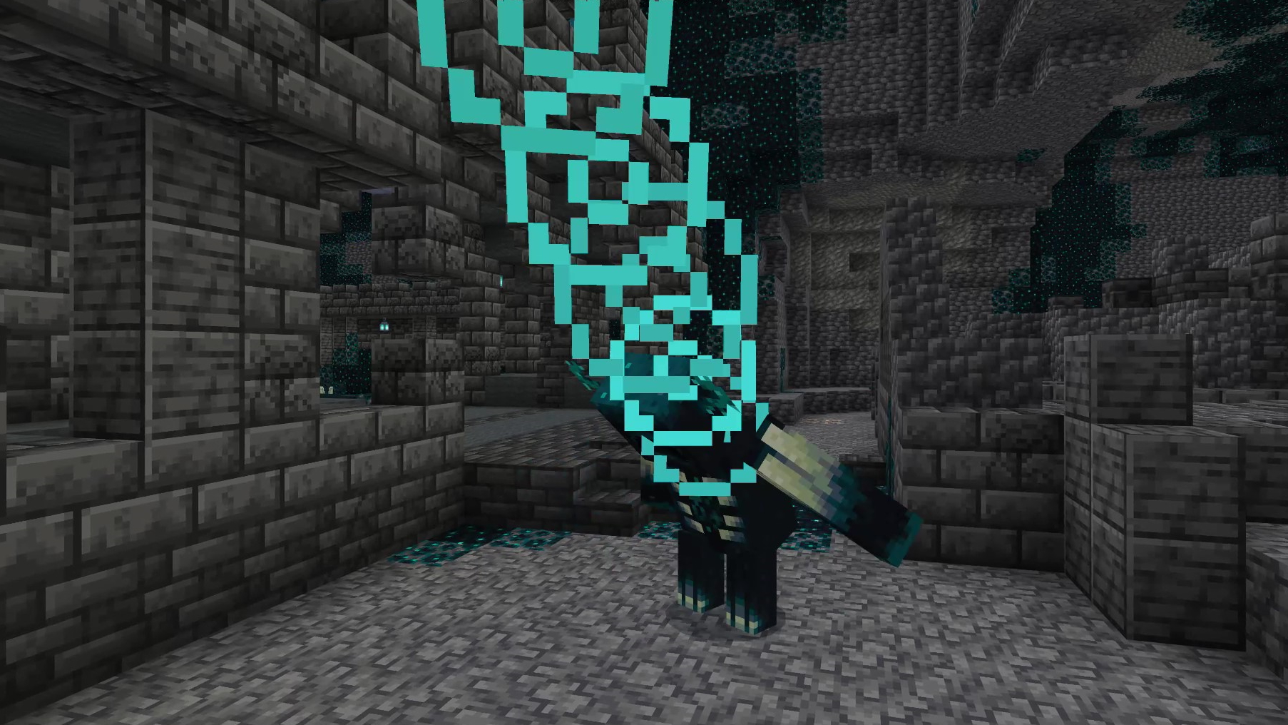 Screenshot: A Minecraft warden using its sonic ranged attack