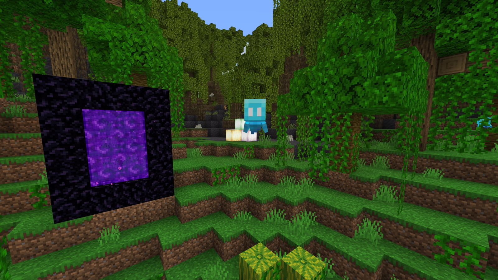 A Minecraft screenshot, showing the new mob, the allay, near a mangrove swamp