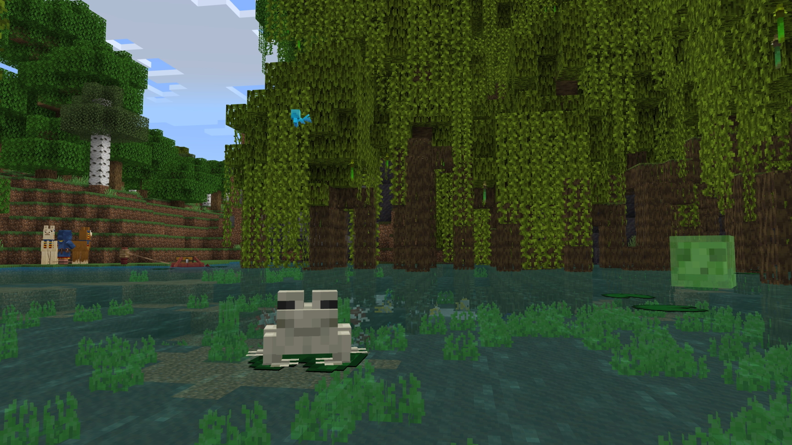 A Minecraft screenshot, featuring a frog in a mangrove swamp!