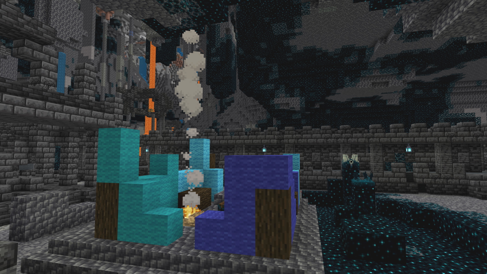 A Minecraft screenshot, showing a campground structure in an ancient city