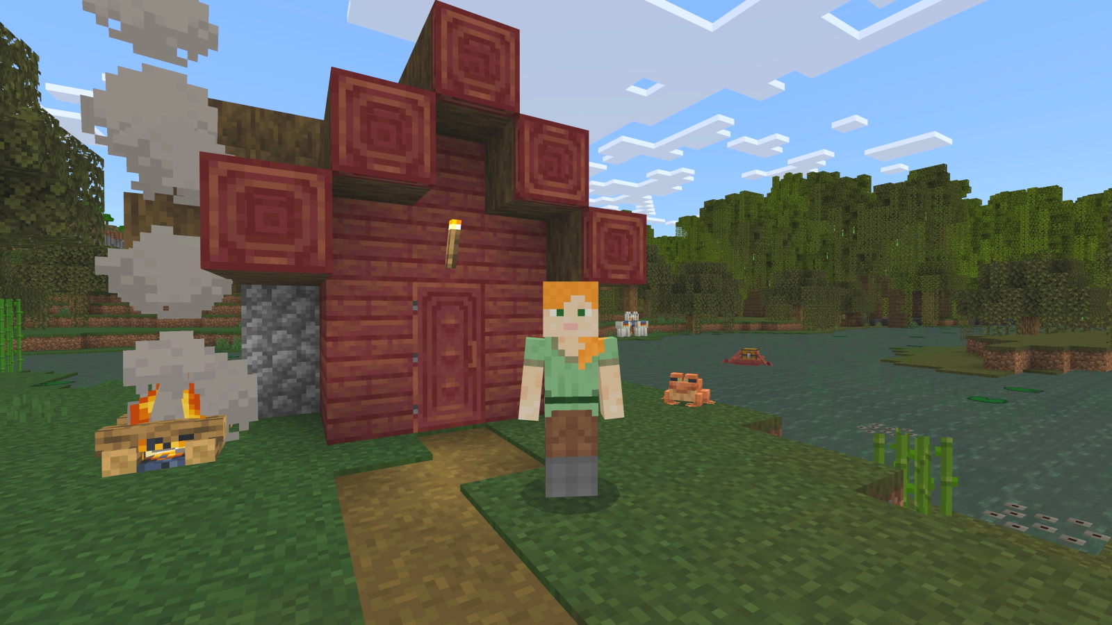 A Minecraft Screenshot, showing a character near a Mangrove swamp and a house