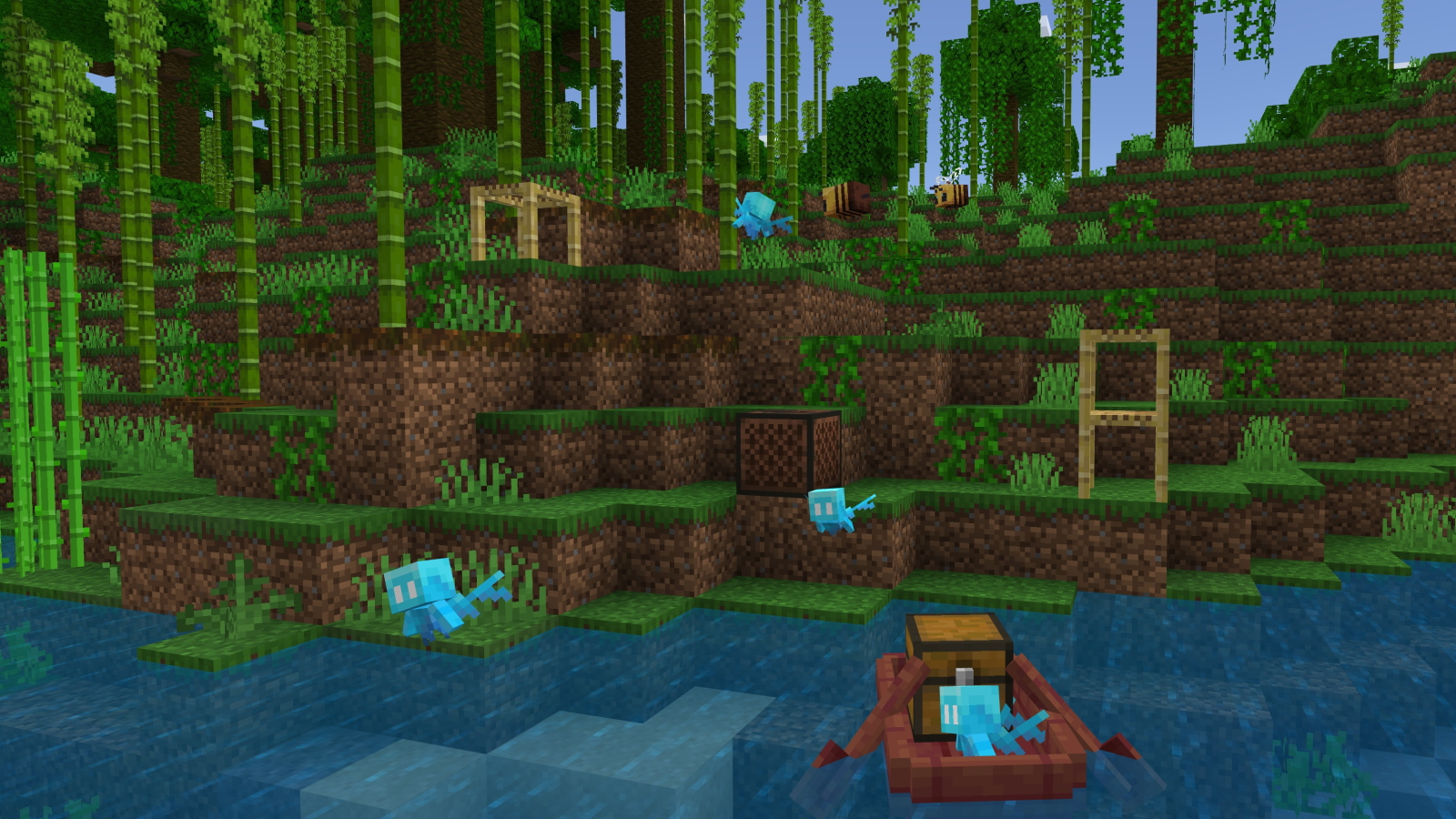 A Minecraft screenshot showing allays and bees flying near bamboo
